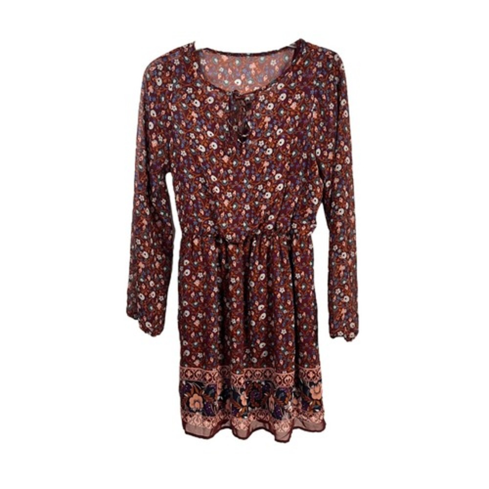 Mudd Medium Womens Floral Long Sleeve Burgundy Tunic‎ Mini Dress Bohemian Chic - Picture 2 of 9